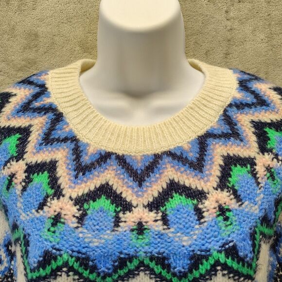 Old Navy Women Sweater Fair Isle Navy Blue Festive Colors Crew Neck Size L - Picture 5 of 9